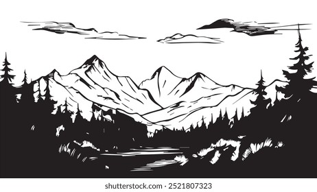 Paisagem das Montanhas. Floresta e montanha vetor ilustração linha preta isolado branco. Esboço arte. Preto e branco Montanha paisagem.	