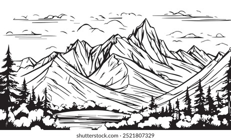 Mountain Landscape. Forest and mountain vector black line illustration isolated white. Sketch art. Black and white Mountain landscape.	