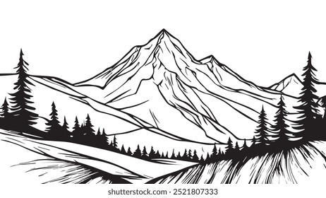 Paisagem das Montanhas. Floresta e montanha vetor ilustração linha preta isolado branco. Esboço arte. Preto e branco Montanha paisagem.	