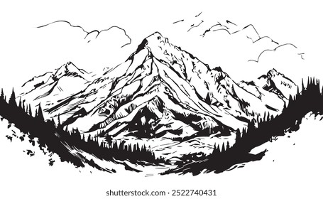 Mountain Landscape. Forest and mountain vector black line illustration isolated white. Sketch art. Black and white Mountain landscape.	