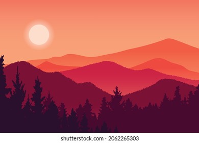 Mountain landscape and forest vector illustration, red silhouette hill environment at sunset