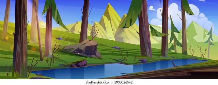 Mountain landscape with forest and water stream. Vector cartoon illustration of summer coniferous woods, brook, rocks and sun in blue sky