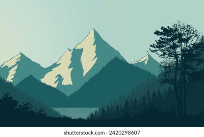 Mountain landscape forest woods scenary vector background cover poster wallpaper jungle trees fog mist beautiful nature scene illustration