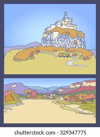 Mountain landscape with fortress on a cliff. Sketch, hand drawn with ink. Autumn mountain landscape with road and mountains