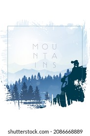 Mountain landscape. The frame of brush strokes. Hiking. Adventure. Travel concept of discovering, exploring and observing nature. Polygonal minimalist graphic flat design. Vector illustration.