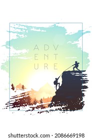 Mountain landscape. The frame of brush strokes. Hiking. Adventure. Travel concept of discovering, exploring and observing nature. Polygonal minimalist graphic flat design. Vector illustration.