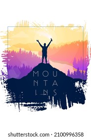 Mountain landscape. The frame of brush strokes. Hiking. Adventure. Travel concept of discovering, exploring and observing nature. Polygonal minimalist graphic flat design. Vector illustration.