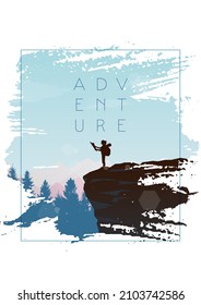 Mountain landscape. The frame of brush strokes. Hiking. Adventure. Travel concept of discovering, exploring and observing nature. Polygonal minimalist graphic flat design. Vector illustration.