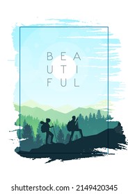 Mountain landscape. The frame of brush strokes. Hiking. Adventure. Travel concept of discovering, exploring and observing nature. Polygonal minimalist graphic flat style design. Vector illustration.