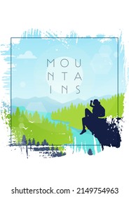 Mountain landscape. The frame of brush strokes. Hiking. Adventure. Travel concept of discovering, exploring and observing nature. Polygonal minimalistic graphic flat design. Vector illustration.