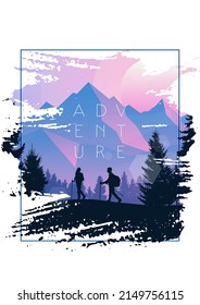 Mountain landscape. The frame of brush strokes. Hiking. Adventure. Travel concept of discovering, exploring and observing nature. Polygonal minimalistic graphic flat design. Vector illustration.