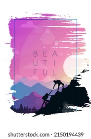 Mountain landscape. The frame of brush strokes. Hiking. Adventure. Travel concept of discovering, exploring and observing nature. Polygonal minimalistic graphic flat design. Vector illustration.