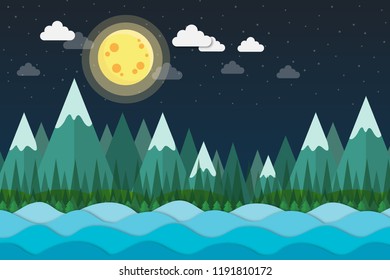 Mountain landscape and full moon, night time ecology. flat design