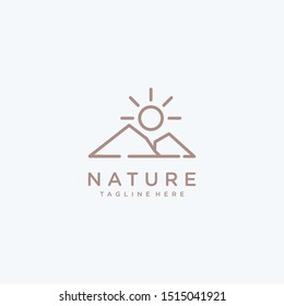 Mountain landscape geometric logo design with sun. Rectangular abstract icon. Vector simple emblem, badge.