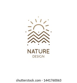 Mountain landscape geometric logo with sun. Rectangular abstract icon of sunset or sunrise. Vector simple emblem, badge for a travel, alternative medicine, ecology concept, spa, health, yoga Center