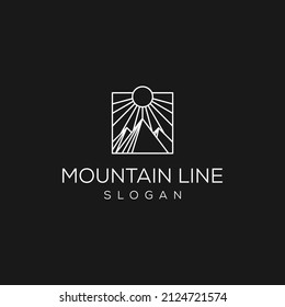 Mountain landscape geometric logo with sun Sunset or sunrise rectangular abstract icon