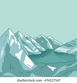 Mountain landscape. Glacial lake. North landscape. Vector modern illustration.