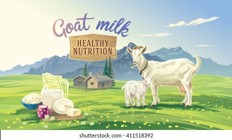 Mountain landscape with goat and kid. Set dairy product with village in background.