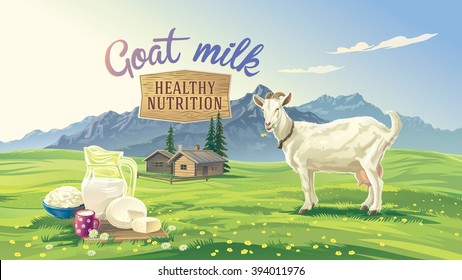 Mountain landscape with goat and set dairy product with village in background.