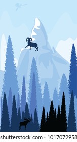 Mountain landscape - Goat stands on a snowy peak - Elk in a dark spruce forest - vector art illustration. Travel Poster
