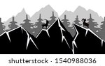 Mountain landscape with goats and trees. Black and white panorama. EPS10 vector illustration.