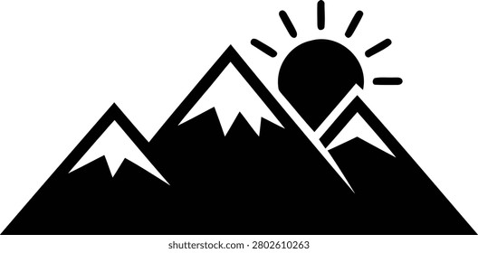 Mountain landscape graphic illustration displays a rising sun over snowy peaks creating a minimalist design element suitable for nature and travel projects.