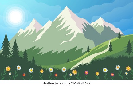 Paisaje de montaña con hierba y flores. Ilustración vectorial de un paisaje montañoso.