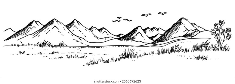 mountain landscape with grassy field and flying birds, black vector illustration