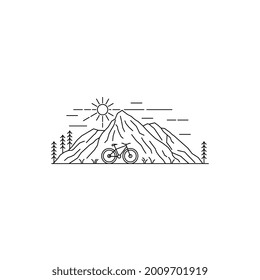 mountain landscape with gravel bike line art logo design vector illustration