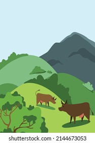 Mountain landscape with grazing animals. Cows on the background of green meadows and forests. Flat graphic style illustration