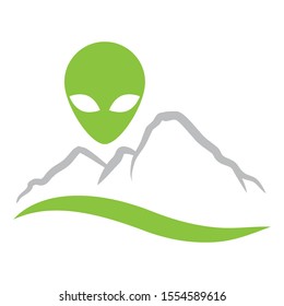 mountain landscape and green alien head, vector icon