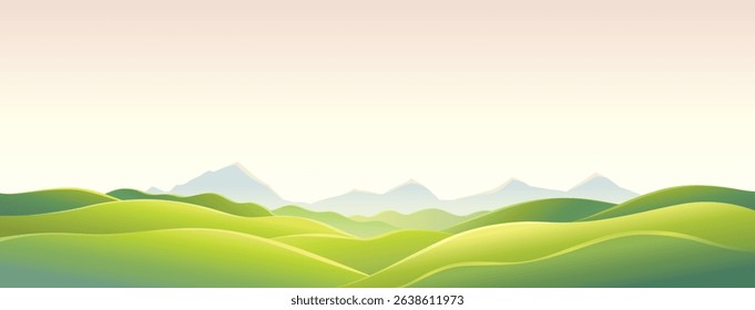 Mountain landscape with green hills in the foreground and a mountain range in the distance. Vector illustration.