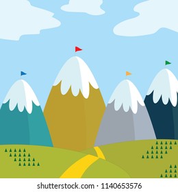 Mountain landscape with green hills and glaciers. Using for print on the wall, pillows,  decoration kids interior, baby wear and shirts, greeting card, vector and other