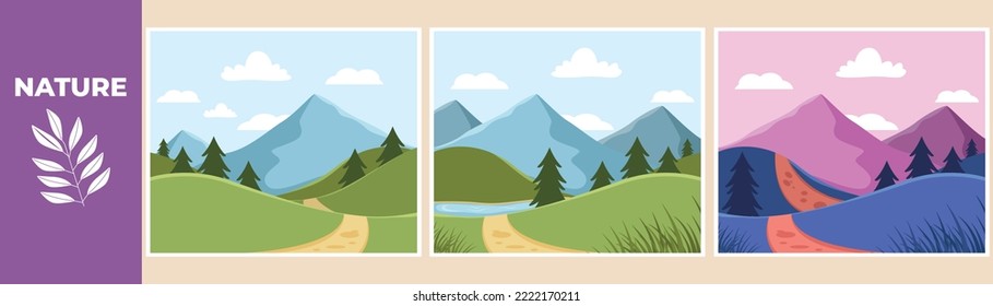 Mountain landscape with green hills, sandy road, lake, green forest and natural valley. Mountain landscape set concept. Colored flat graphic vector illustration isolated.