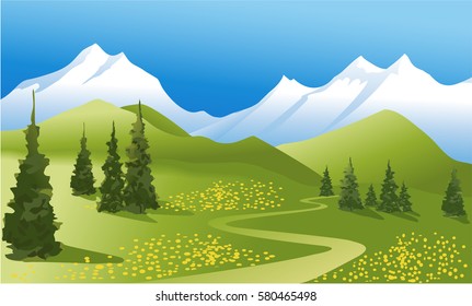 Mountain landscape with green meadow
