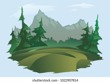 Mountain landscape. Green meadow, forest and mountain peaks in the distance. Isolated vector illustration on light background.