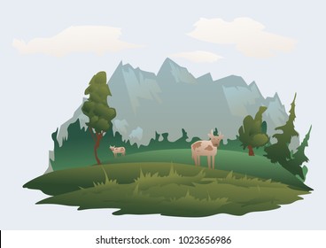 Mountain landscape. Green meadow, forest and mountain peaks in the distance. Isolated vector illustration on light background.