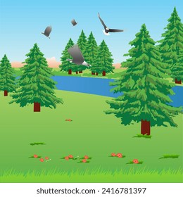 Mountain landscape with green meadow, trees, flowers, river. And eagles flying high in the sky. Vector illustration