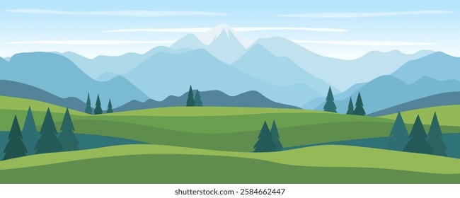 Mountain landscape with green meadows. Beautiful mountains and hills, fields and forests. Vector landscape illustration of mountains.