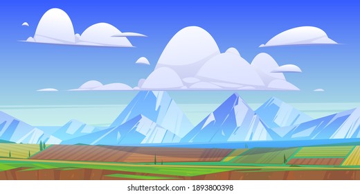 Mountain landscape with green meadows and fields. Vector cartoon illustration of snow peaks with clouds, countryside with farm lands, road and lake. Rural scenery in mountain valley