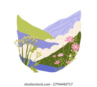 Mountain landscape with green meadows pink wildflowers and fog between the slopes. Hand drawn wildlife illustration.
