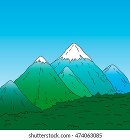 Mountain landscape. Green mountains with snowy peaks. Vector illustration.