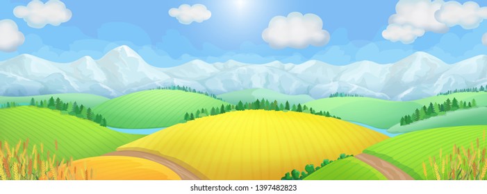 Mountain landscape with green valley, meadows and river