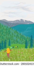 paisaje montañoso con un grupo de turistas caminando hacia la cima. La niña en primer plano extendió sus brazos libremente. Panorama vertical, el concepto de turismo y senderismo. Ilustración vectorial.