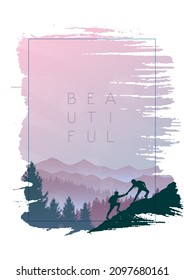 Berglandschaft. Grunge Rahmen aus Pinselstrichen. Wandern. Abenteuer. Reisekonzept der Entdeckung, Erkundung und Beobachtung der Natur. Polygonales minimalistisches grafisches Flachdesign. Vektorgrafik.