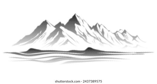 Mountain landscape, halftone dots, fading dot effect, vector design