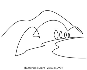 Mountain landscape hand drawn Continuous one line drawing minimalistic style. Mountains, river and tree. Travel and tourism sign.