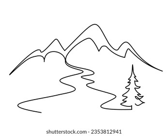 Berglandschaft handgezeichnet Kontinuierlich eine Linie zeichnen minimalistischen Stil. Gebirge, Fluss und Tannenbaum. Reisezeichen und Fremdenverkehrszeichen.