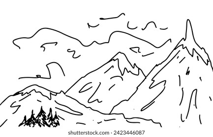 Berglandschaft. Handgezeichneter Doodle-Stil. Vektorgrafik einzeln auf Weiß. Farbseite.