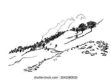 Mountain landscape hand drawn illustration, mountainside with stones, trees in distance, country road and high mountain peaks, Nature vector sketch black and white graphics